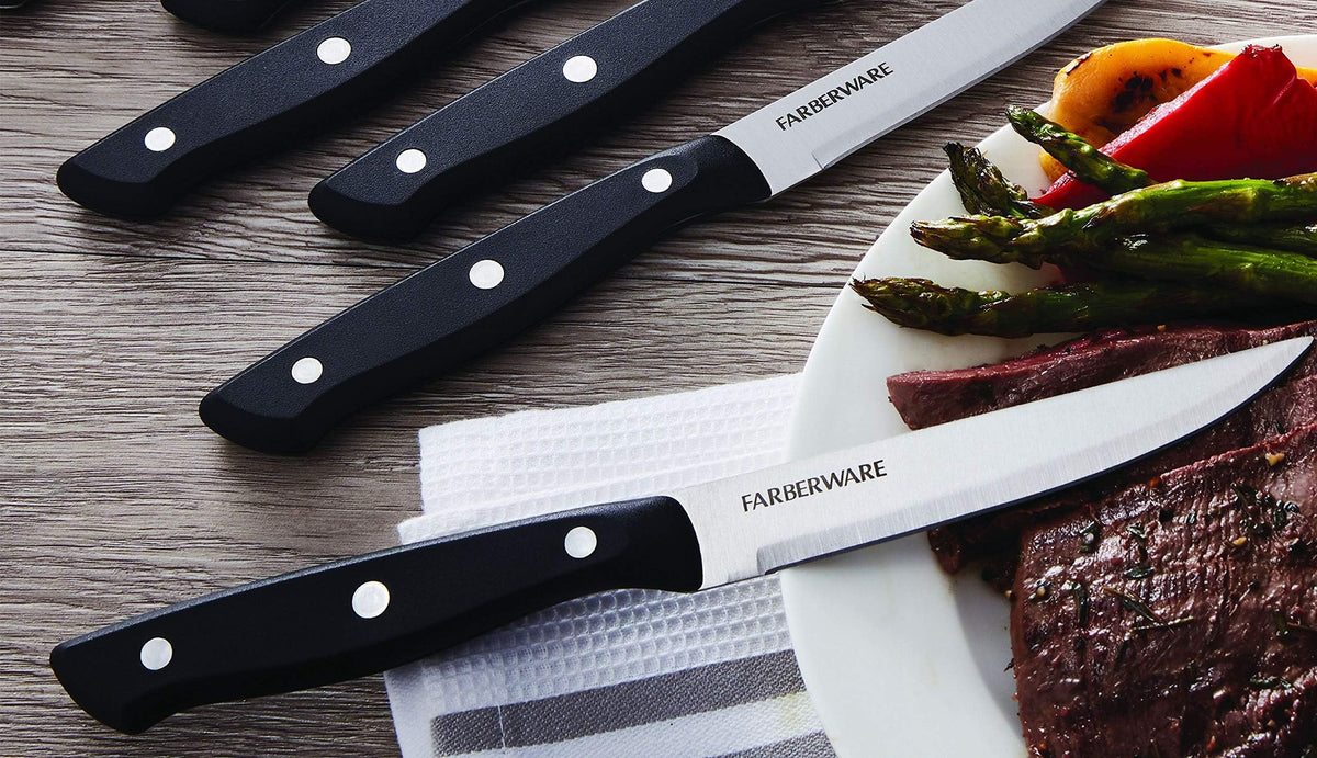 Farberware ergonomic triple-rivet handle detail for comfortable, precise cutting.