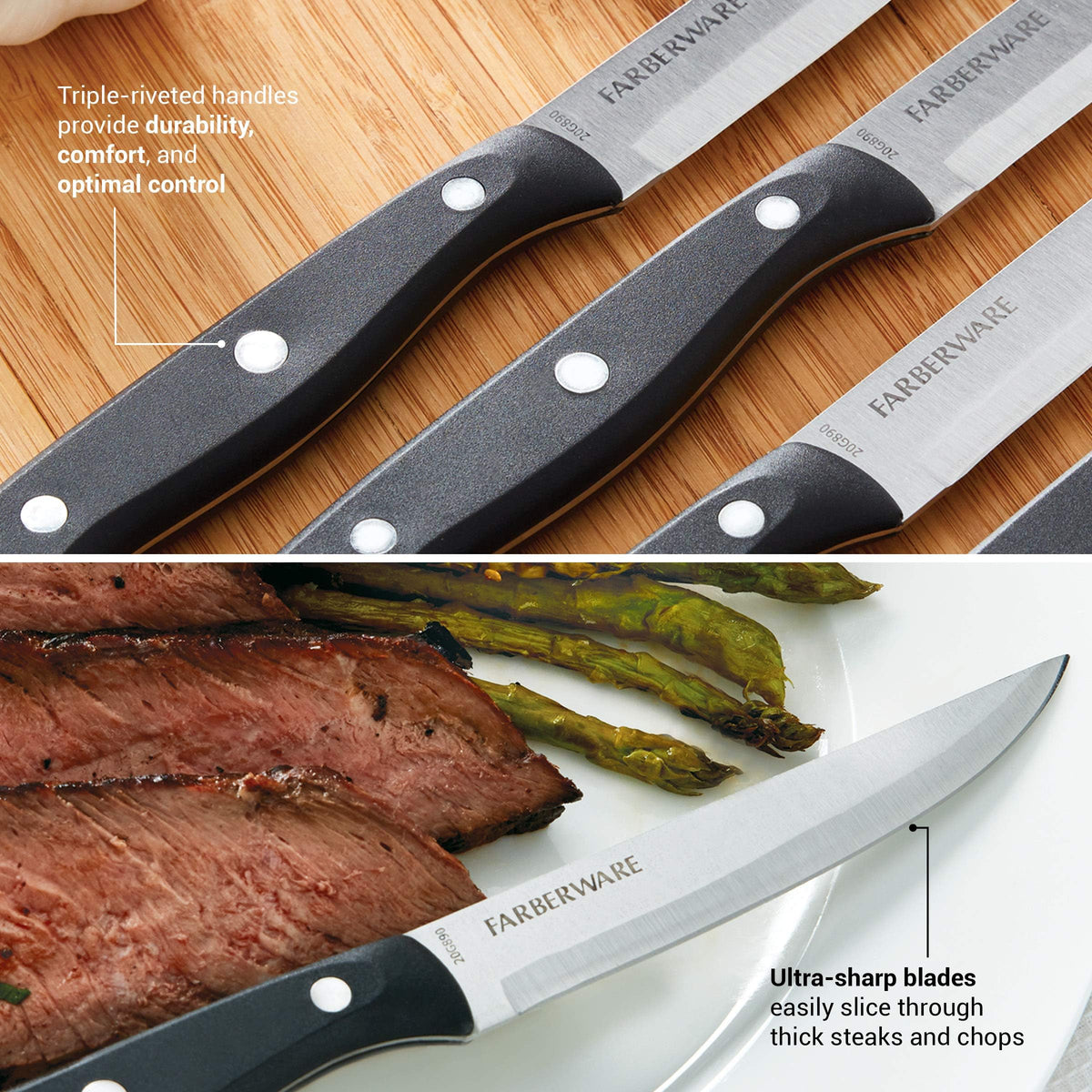 Farberware four-and-one-half-inch steak knife close-up reveals sharp blade.