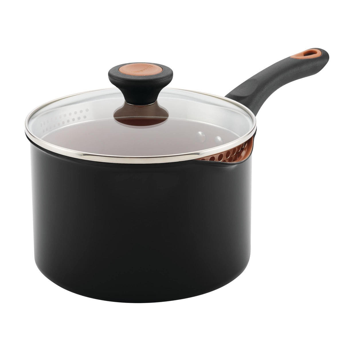 Farberware Glide 3-qt straining saucepan with lid for easy pasta draining.