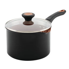 Farberware Glide 3-qt straining saucepan with lid for easy pasta draining.