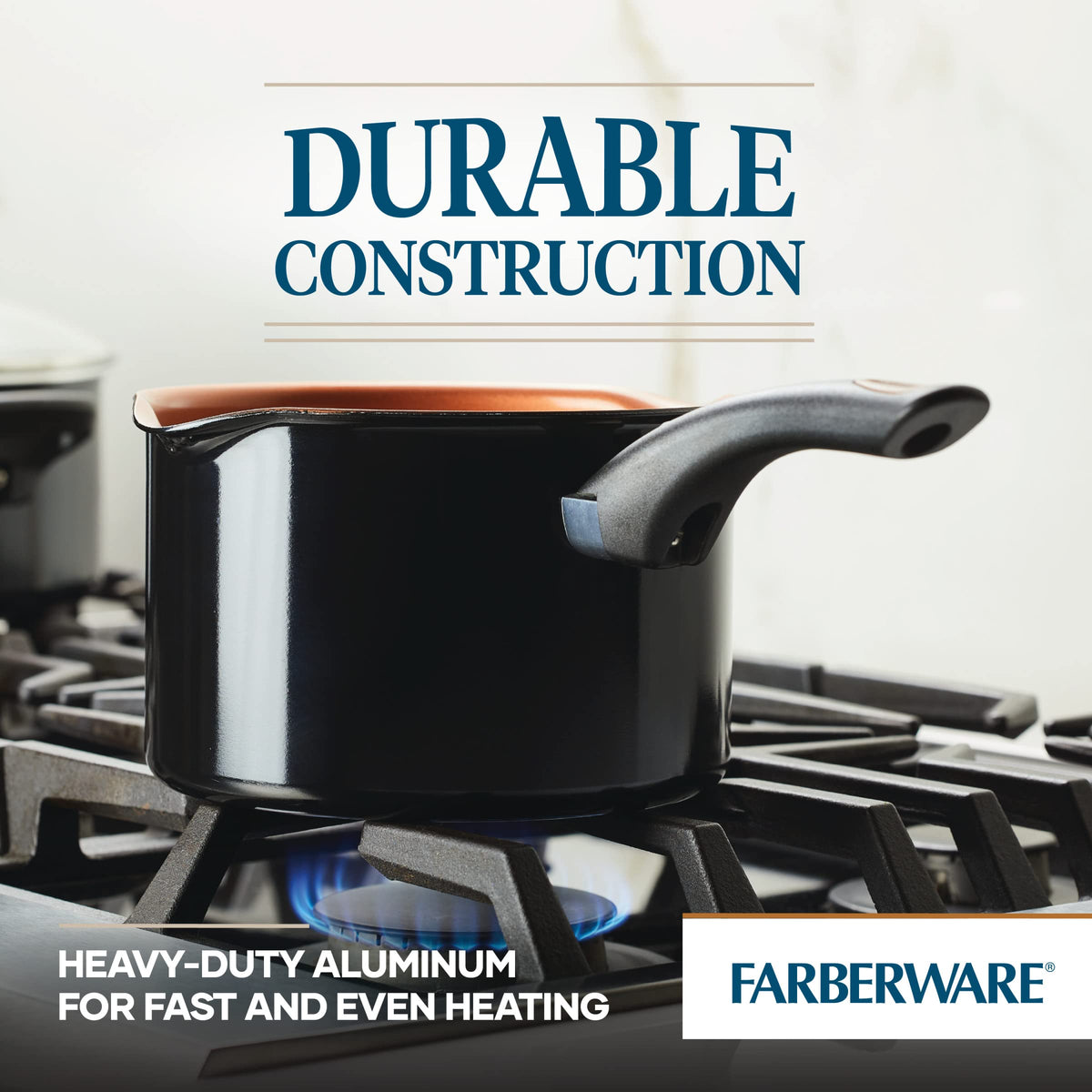 Built-in strainer lid in action with Farberware Glide.
