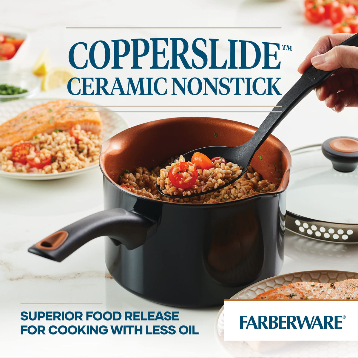 Farberware Glide copper ceramic nonstick surface for smooth release and cleanup.
