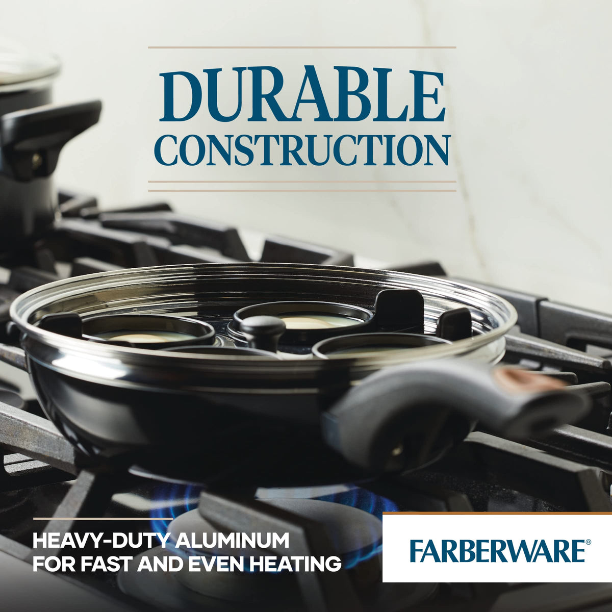 Farberware glass lid over poacher seals heat and moisture for even results.