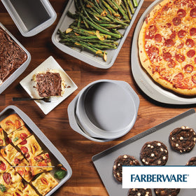 Farberware GoldenBake heavy-gauge steel construction for warp resistance.