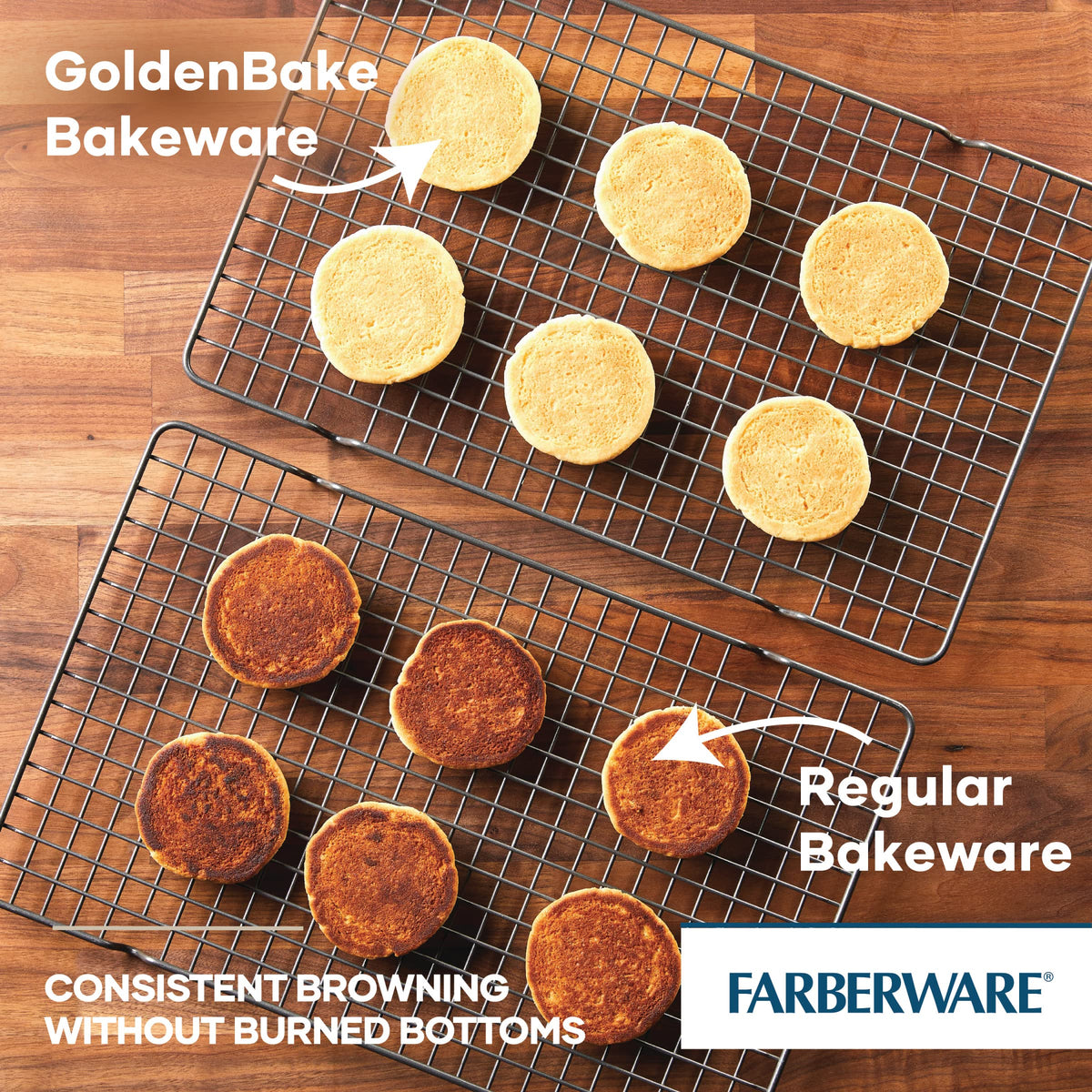 Farberware GoldenBake nonstick coating aids cake release and quick cleanup.