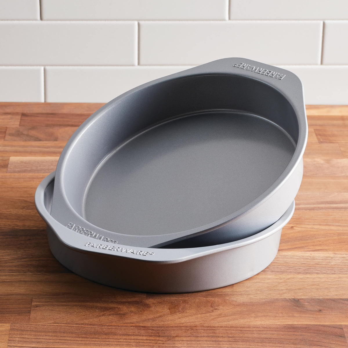 Farberware GoldenBake two 8-inch round pans ready for storage