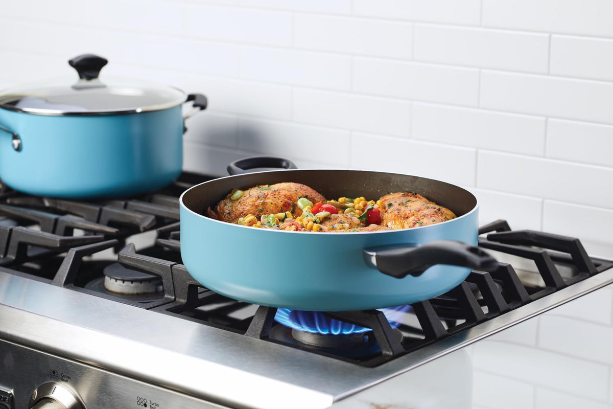 Farberware jumbo cooker with glass lid for watching simmering dishes.