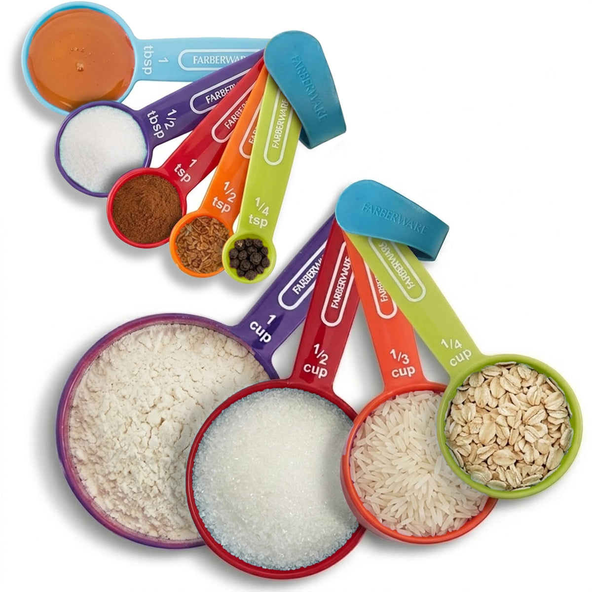Farberware measuring cups in vibrant colors for precise recipe prep.