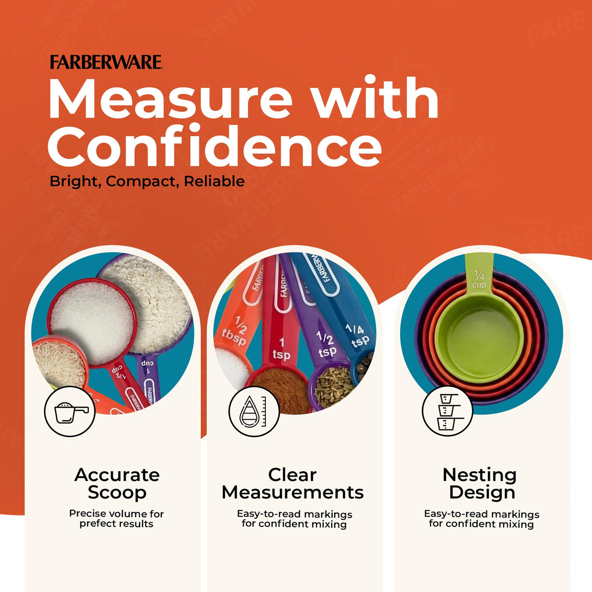 Farberware measuring spoons with easy-read markings for accurate portioning.