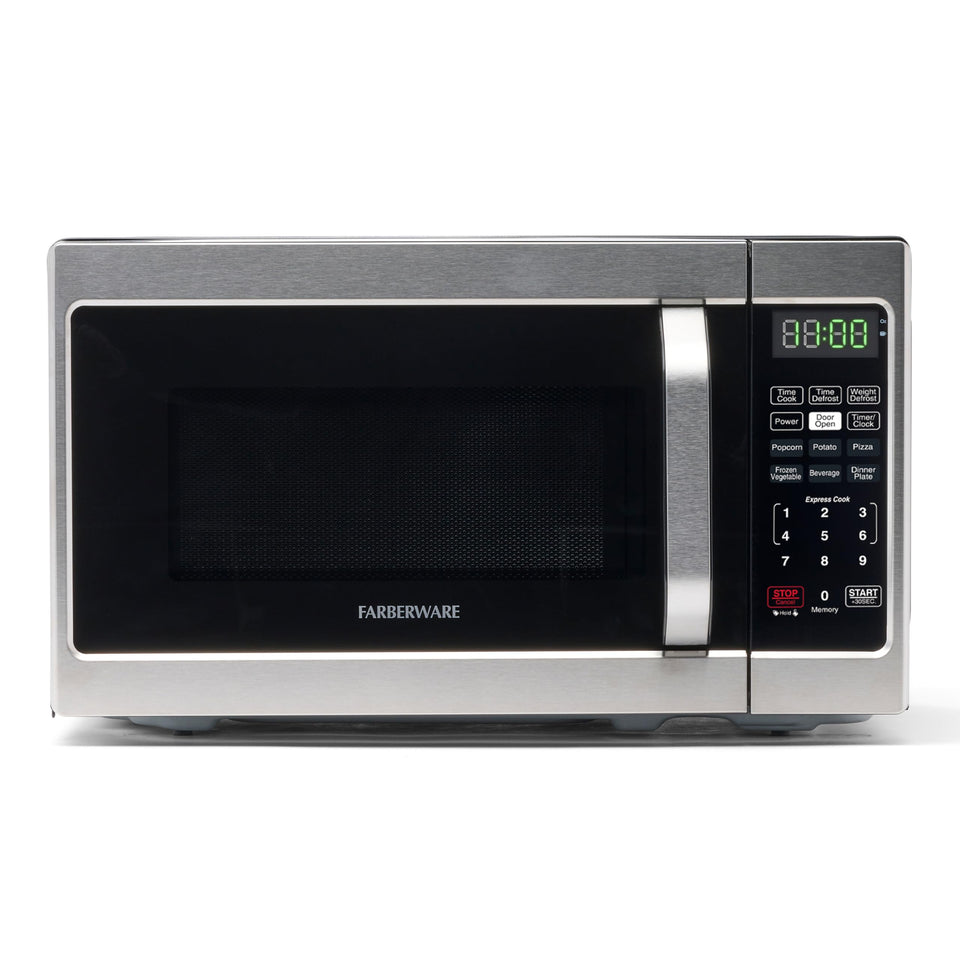 Farberware microwave front view; compact 0.7 cu ft design ideal for small spaces.