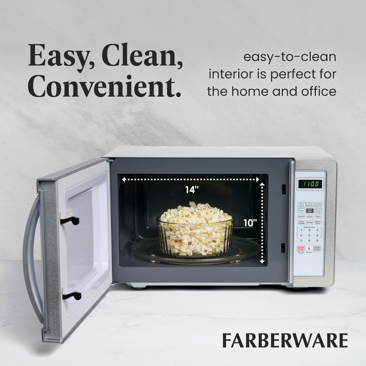 Farberware 1-1 cu ft cavity fits standard dishes for everyday use.