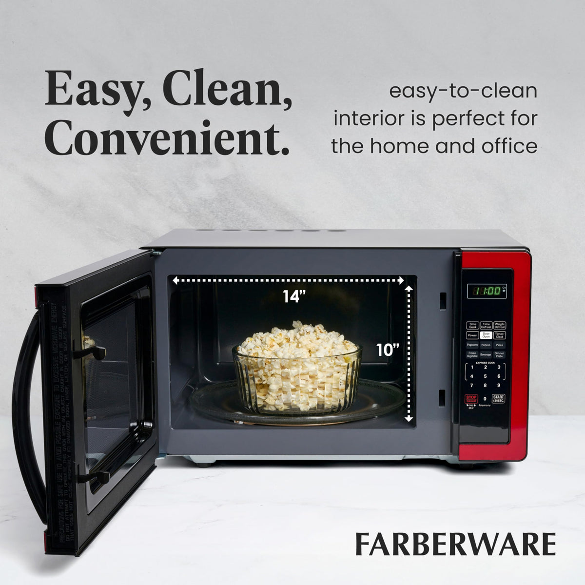 Farberware microwave interior light makes monitoring meals easy during cooking.