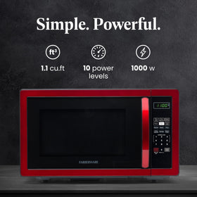Farberware microwave door-open view highlighting roomy interior for easy loading.