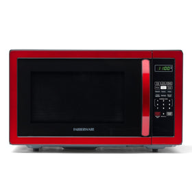 Farberware microwave front view in metallic red for quick reheating and compact kitchen efficiency.