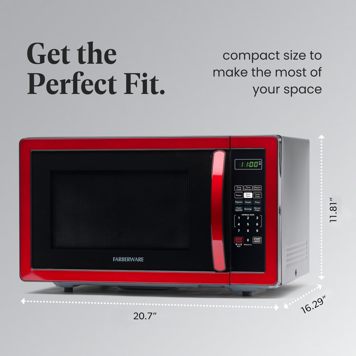 Farberware microwave one-touch programs shown for quick popcorn, potato, and pizza presets.