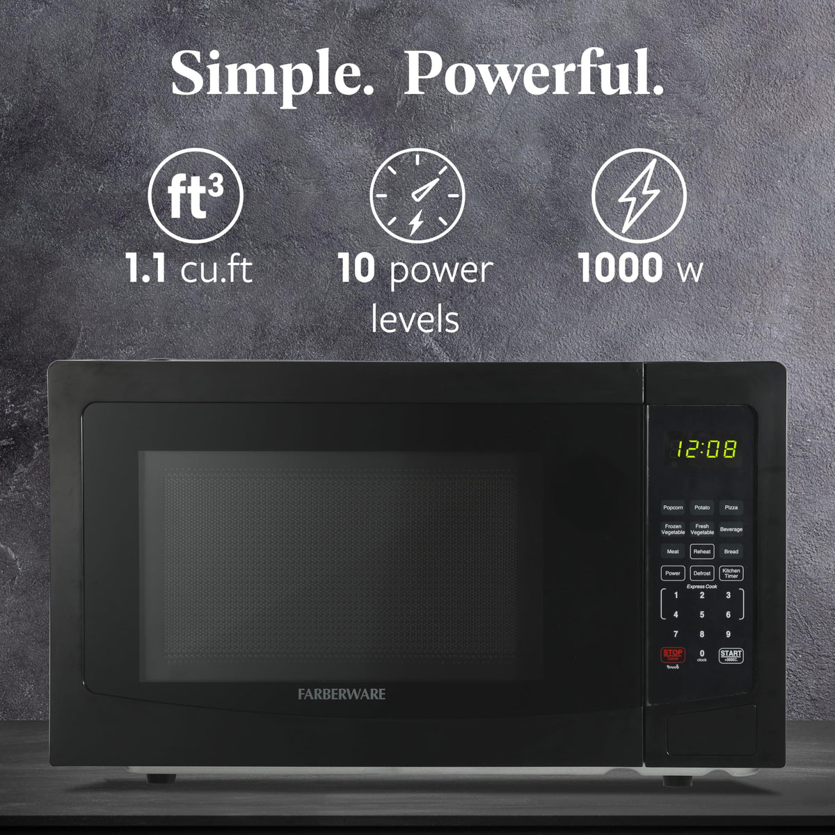 Farberware microwave with 1000W power for fast heating of leftovers.