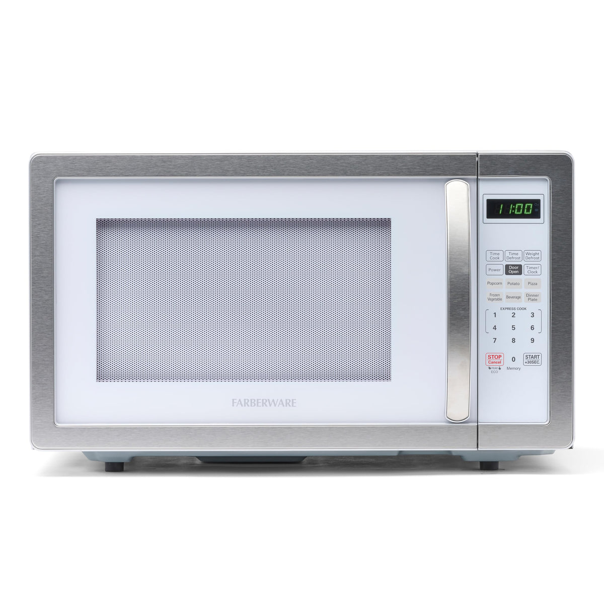 Farberware microwave front view shows 1000W power for fast, even reheats.