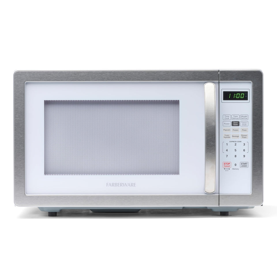 Farberware microwave front view shows 1000W power for fast, even reheats.