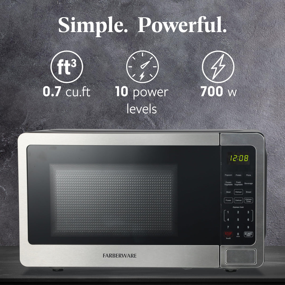 Farberware microwave 700-watt power delivers quick meal reheats.