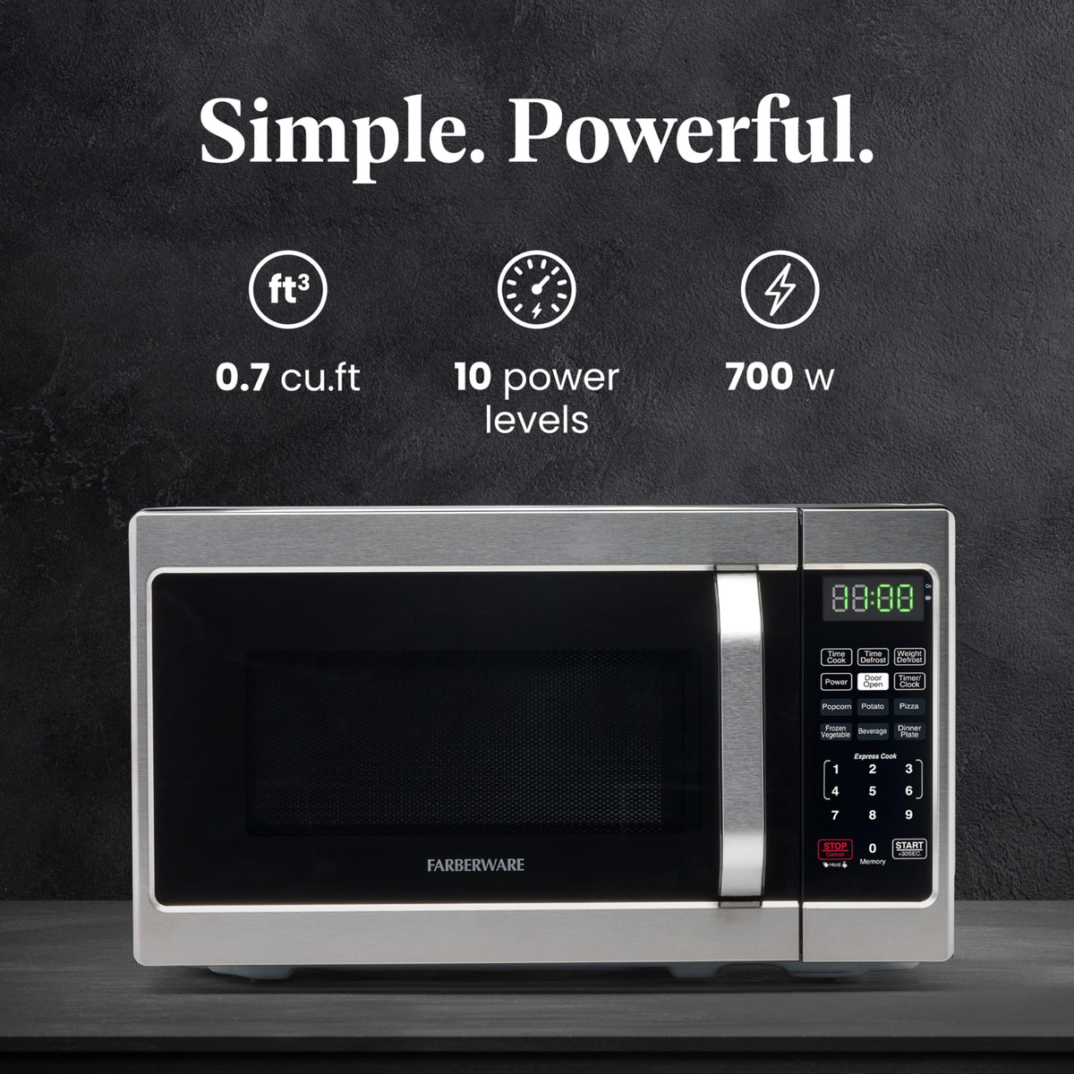 Farberware microwave control panel displays 700W and quick-program options.