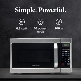 Farberware microwave control panel displays 700W and quick-program options.