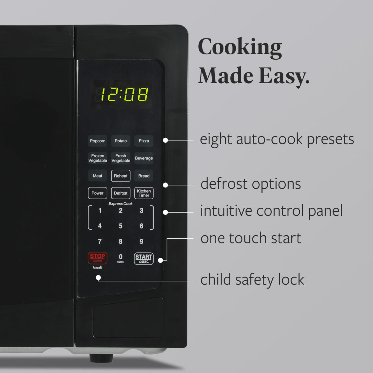 Farberware microwave auto-cook menus for one-touch snacks and meals.