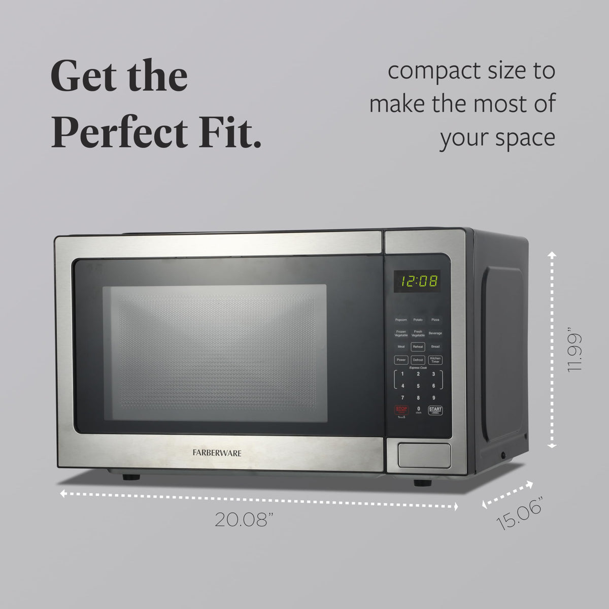 Farberware microwave auto-cook menus for popcorn, pizza, and vegetables.
