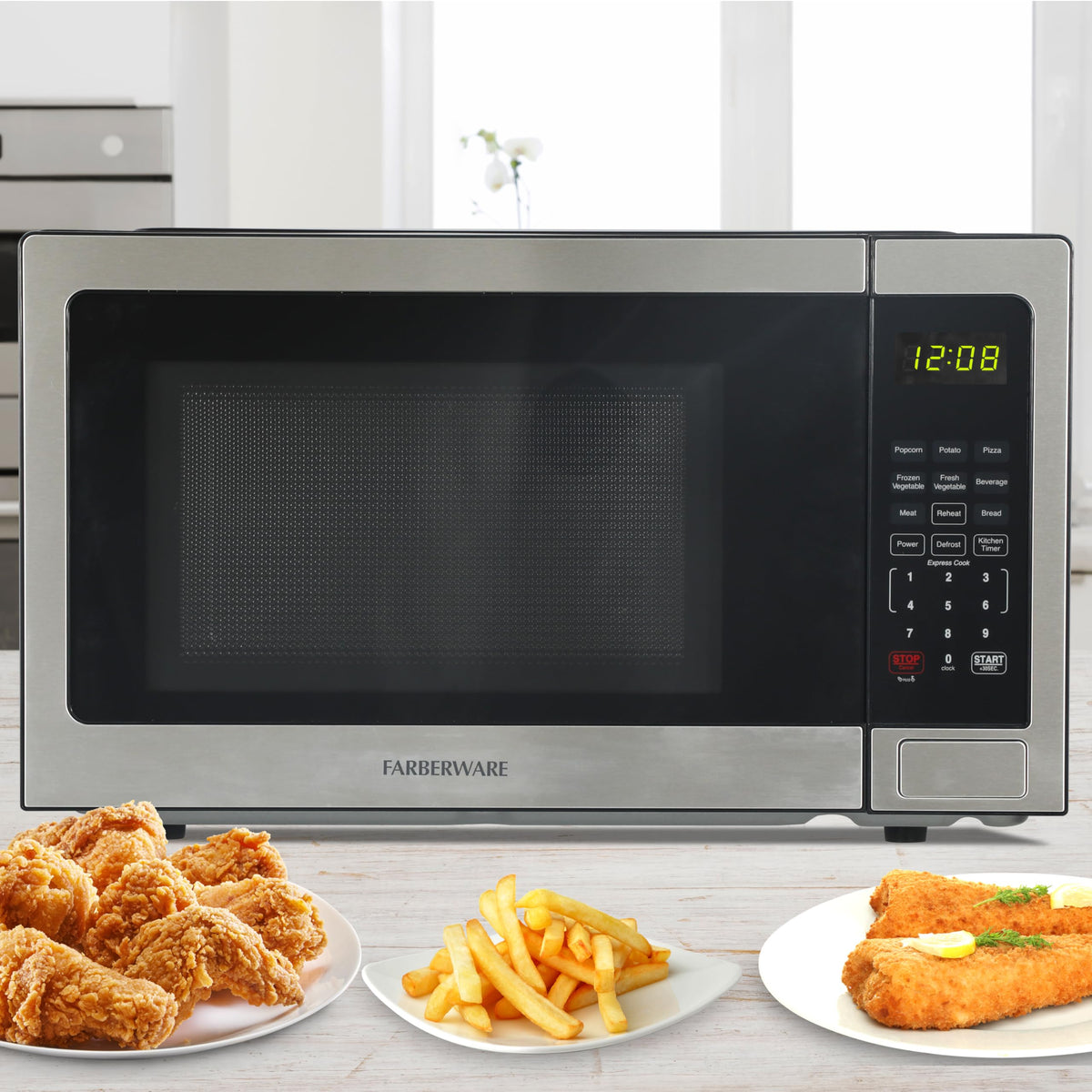 Farberware microwave with child safety lock and stainless steel finish.