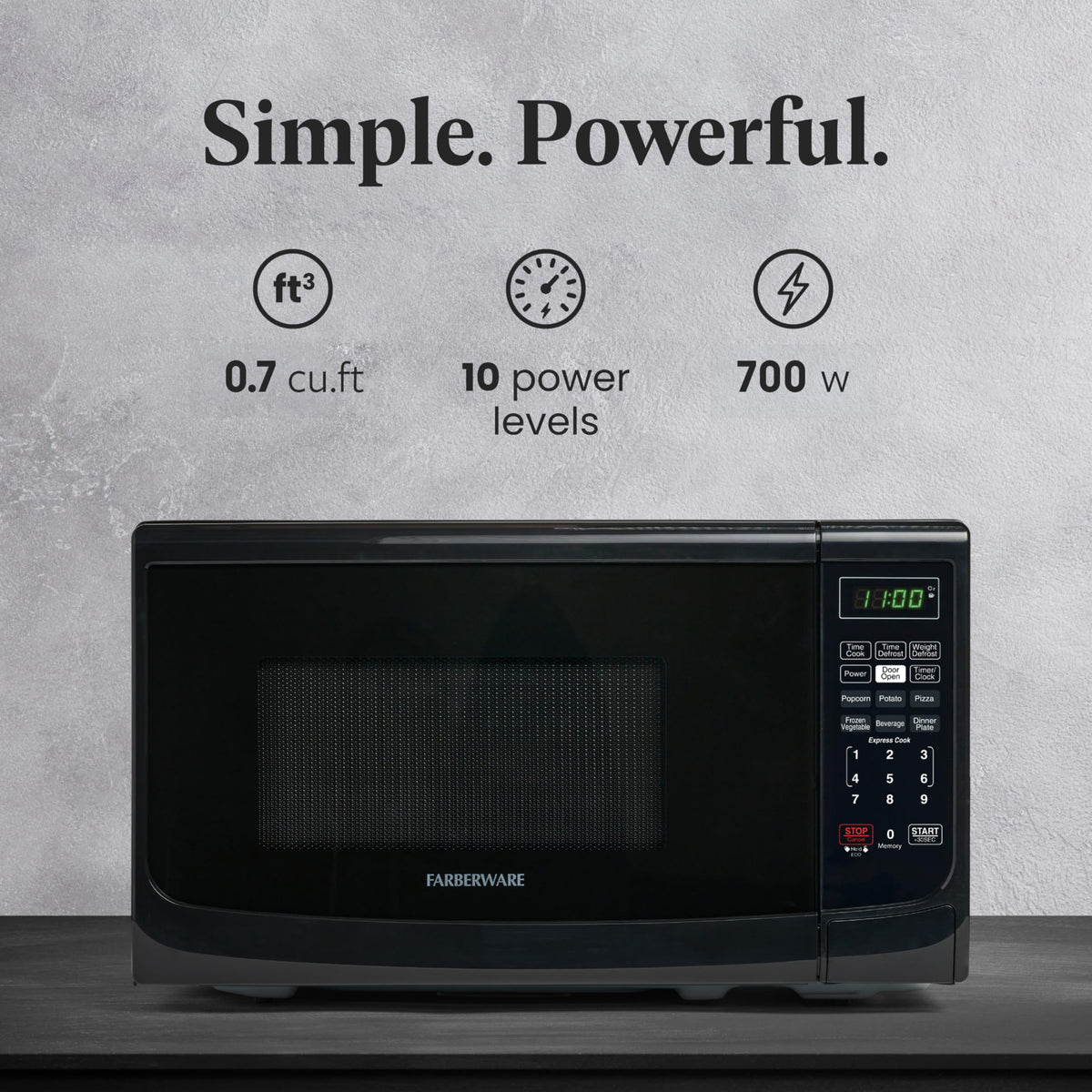 Farberware compact microwave digital display clearly shows time and power.