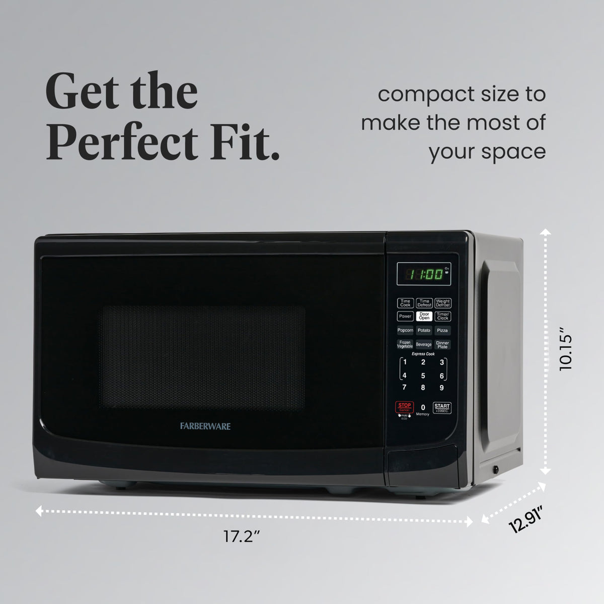 Farberware microwave easy-grip door enables safe, comfortable access.