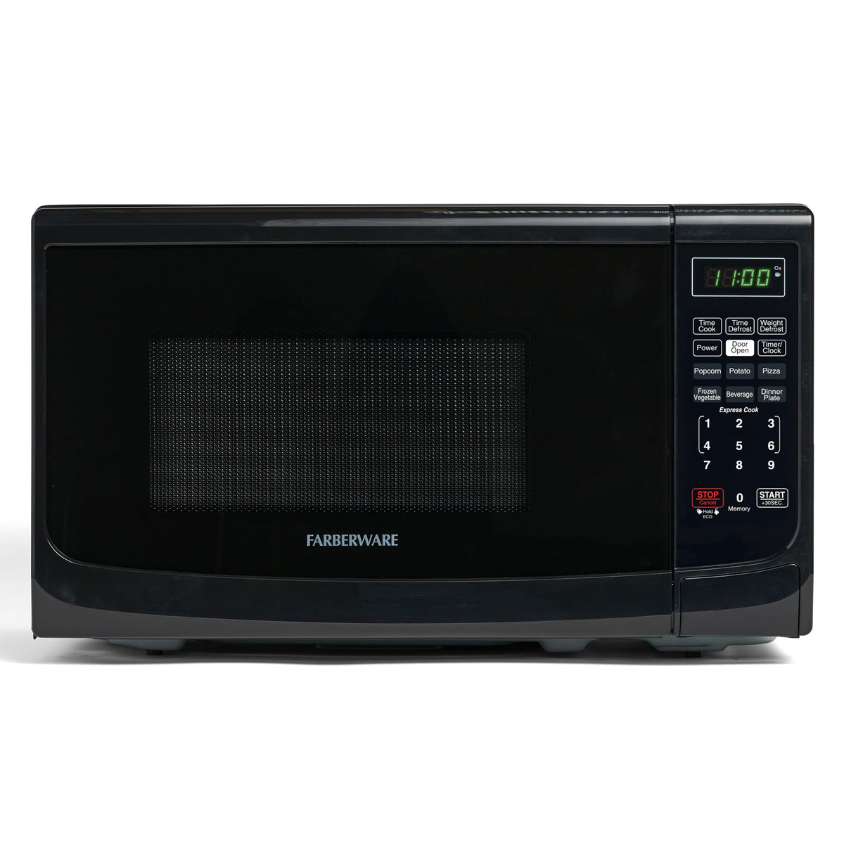 Farberware compact microwave front view shows space-saving design for quick meals.