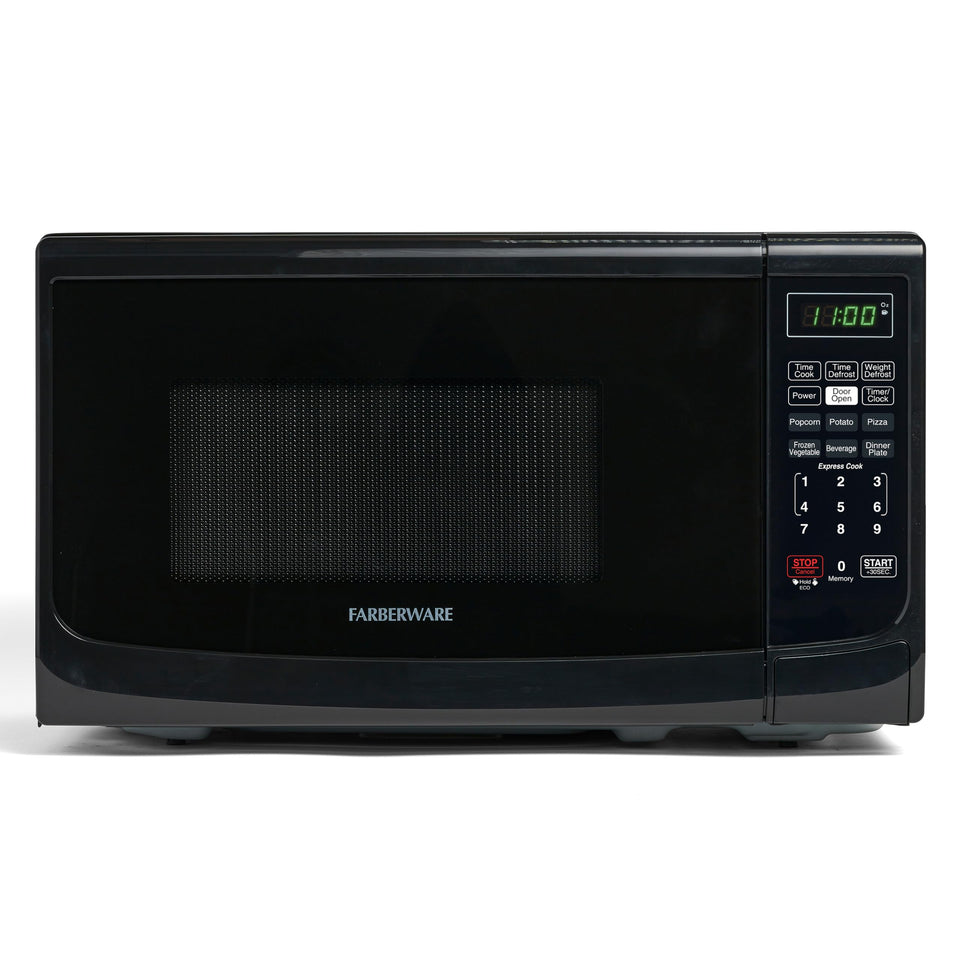 Farberware compact microwave front view shows space-saving design for quick meals.