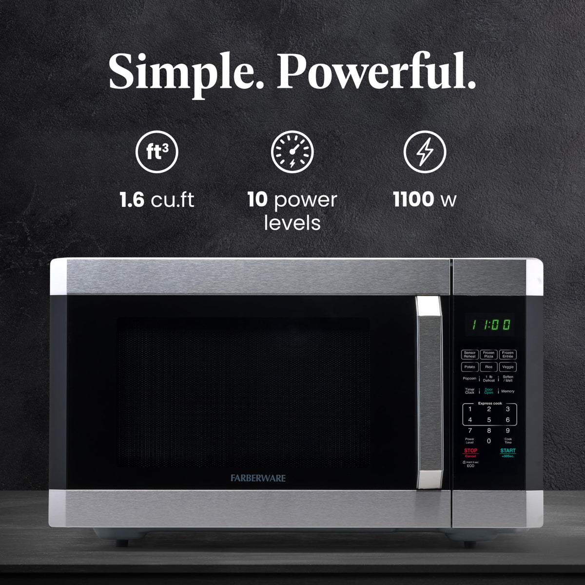 Farberware microwave control panel with digital display for precise timing