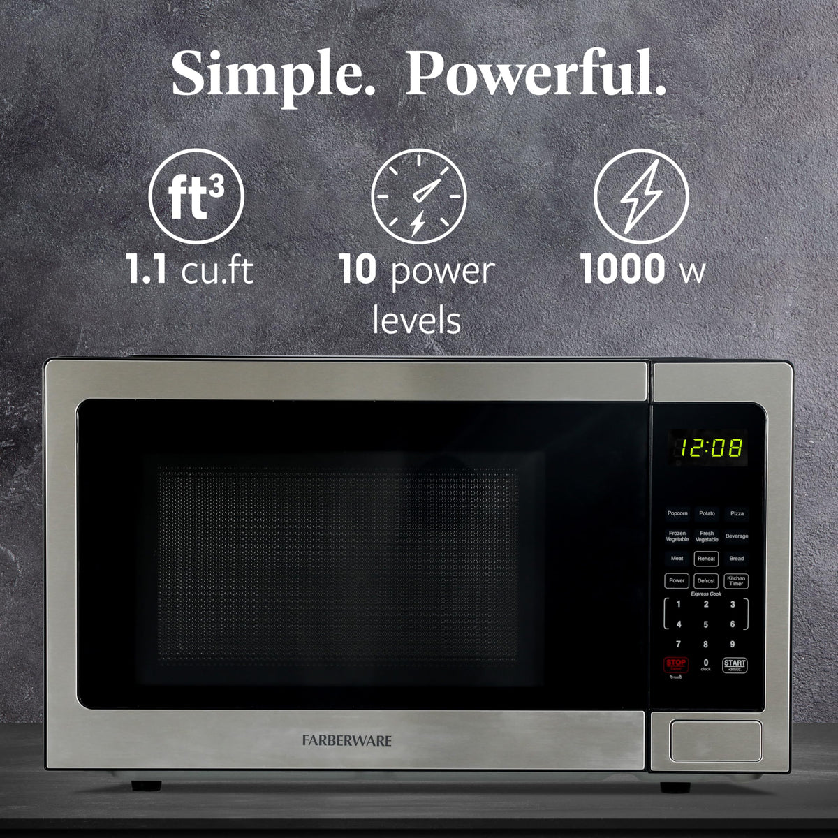 Farberware microwave control panel with LED display for easy operation.