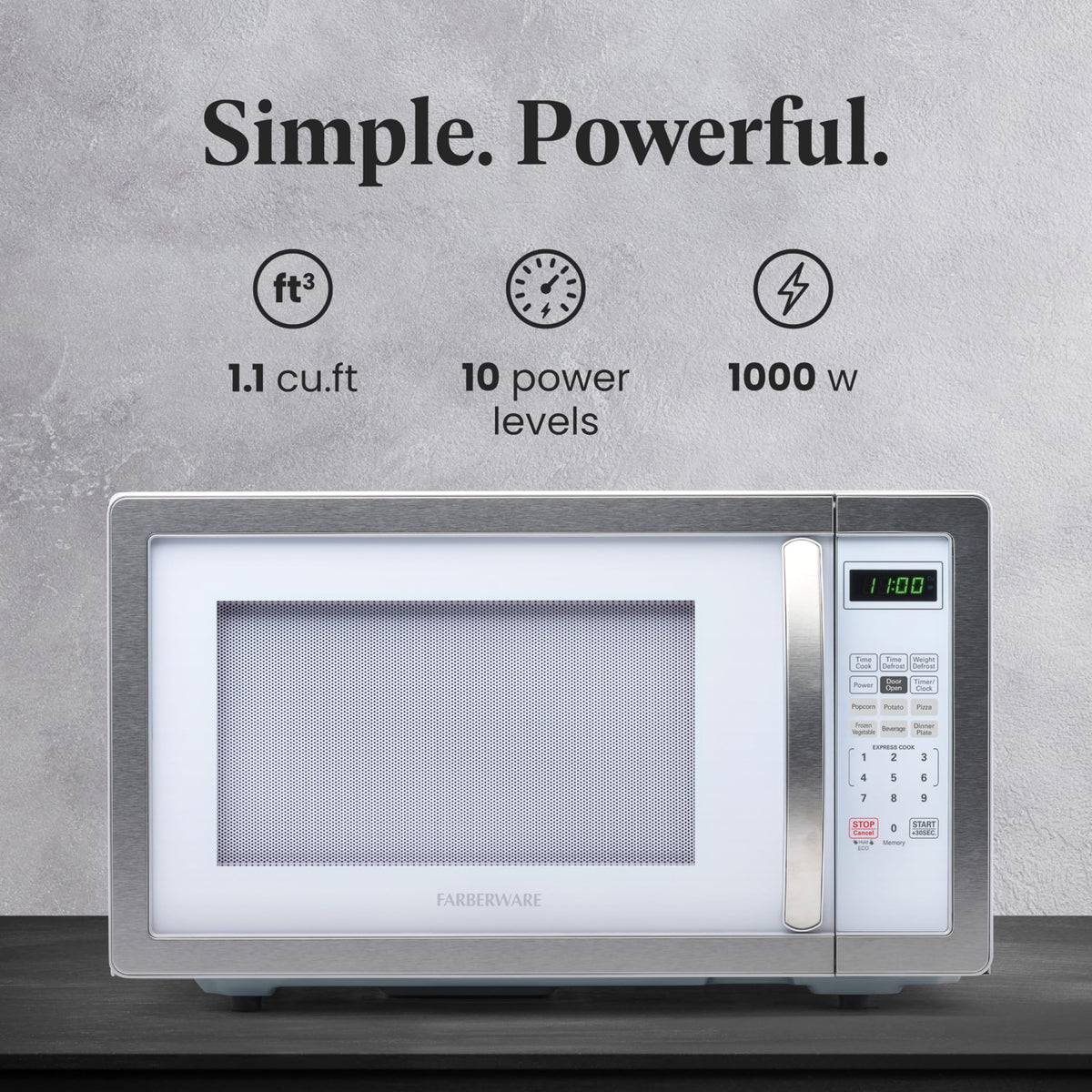 Farberware microwave control panel with ten levels enables precise cooking control.
