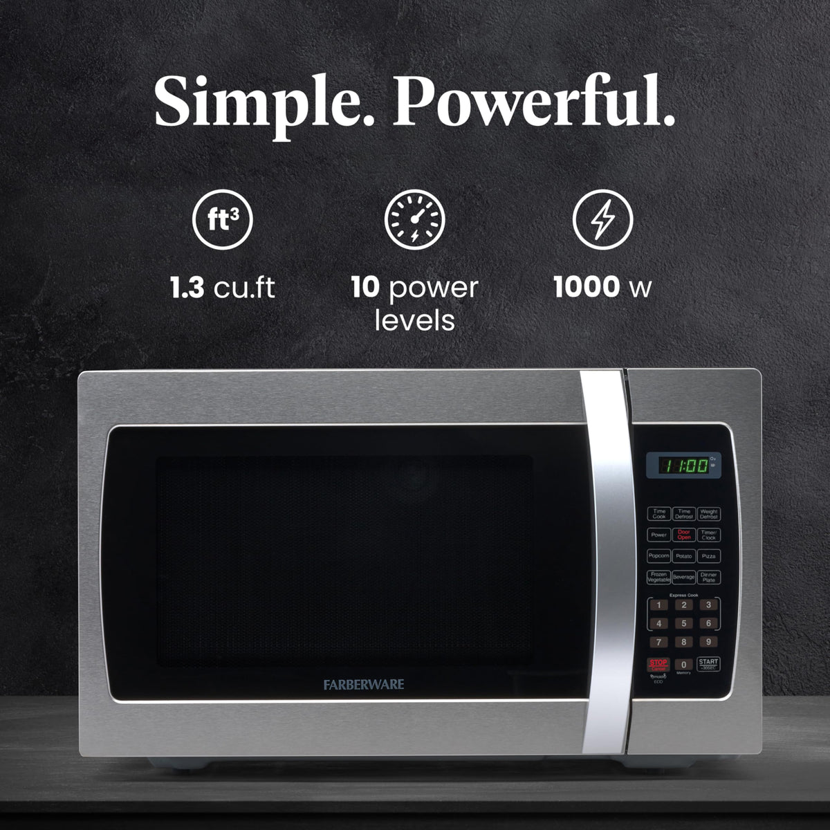 Farberware microwave control panel with quick settings for fast meals.
