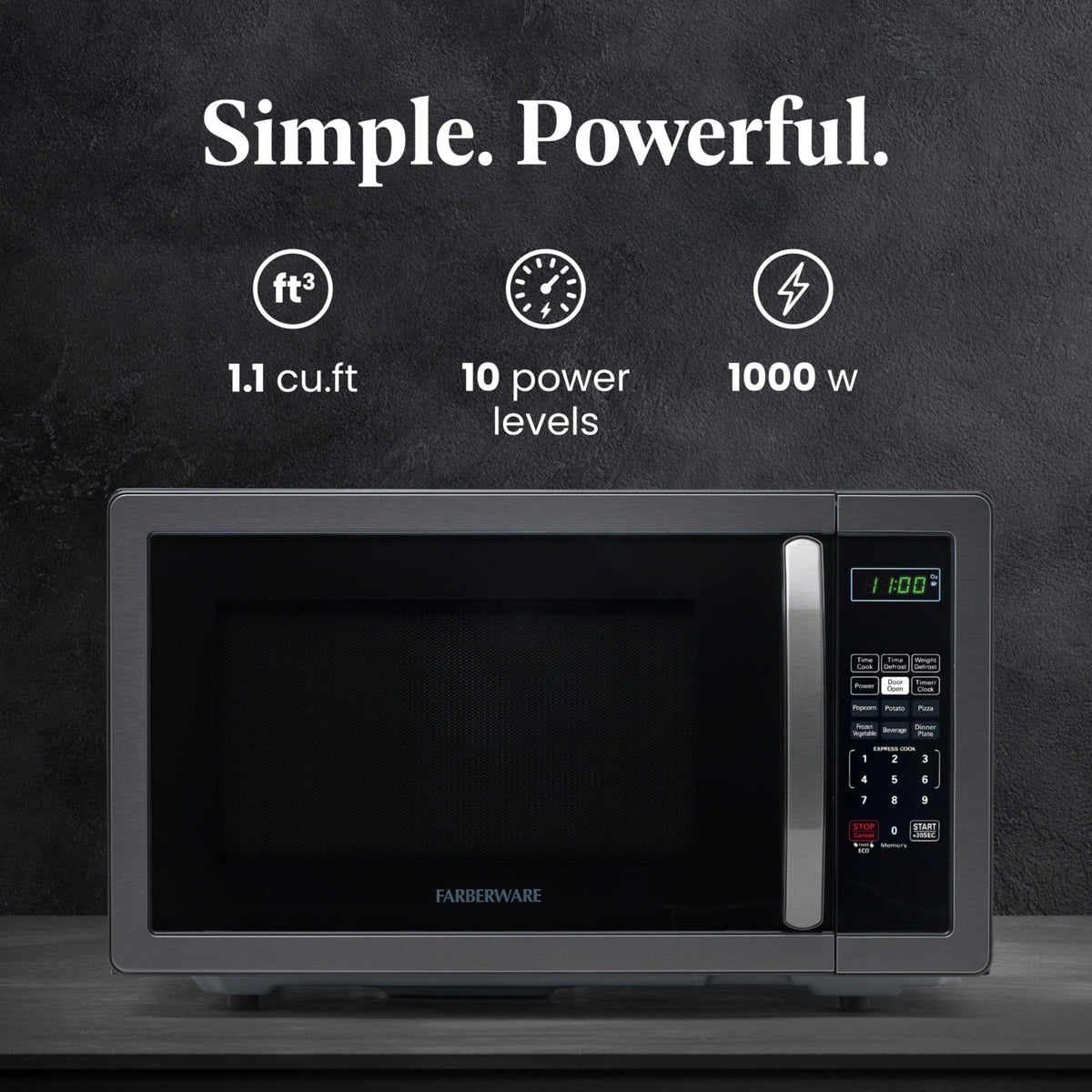 Farberware microwave control panel with ten power levels and six one-touch programs for fast cooking.