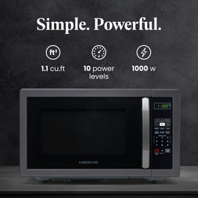 Farberware microwave control panel with ten power levels and six one-touch programs for fast cooking.