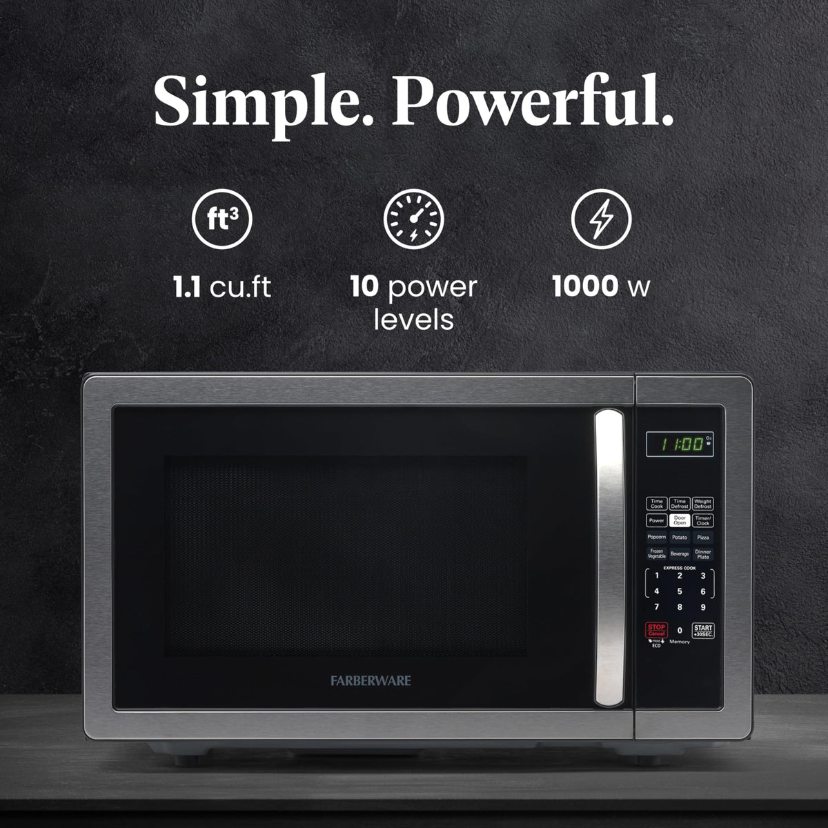 Farberware microwave digital display shows timer and clock for precise cooking.