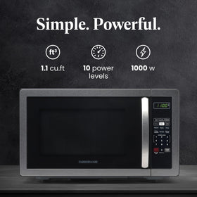 Farberware microwave digital display shows timer and clock for precise cooking.