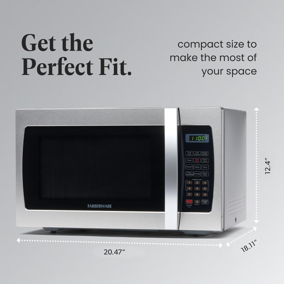 Farberware microwave digital display shows clock and timer at a glance.
