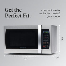 Farberware microwave digital display shows clock and timer at a glance.