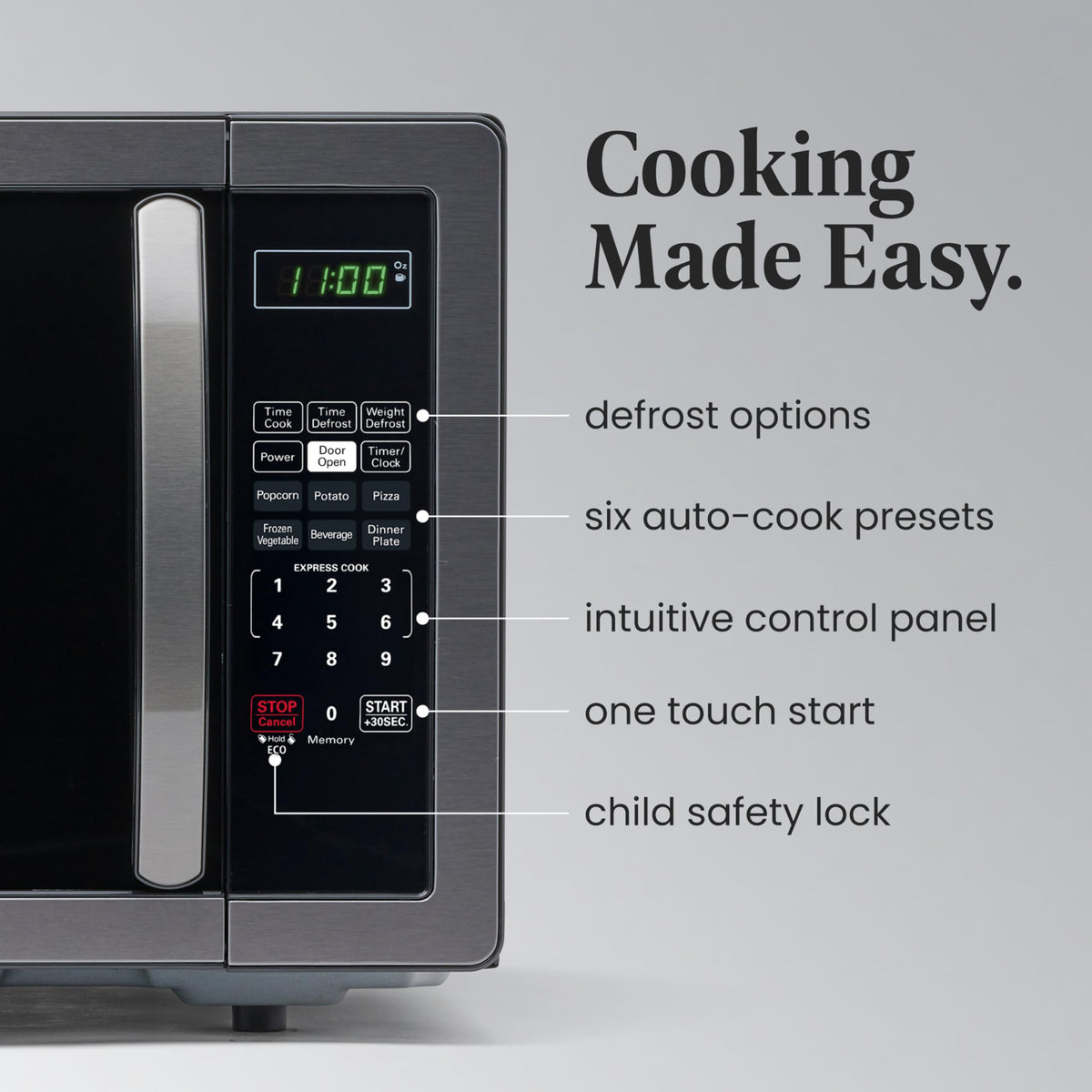 Farberware microwave digital display with clock and timer for precise meal timing.