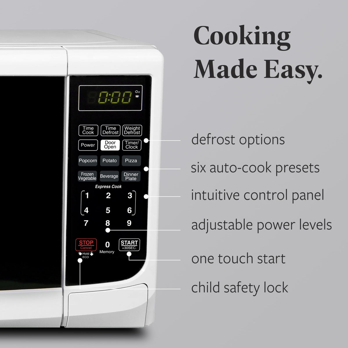 Farberware microwave digital display shows clock and countdown for precise timing.