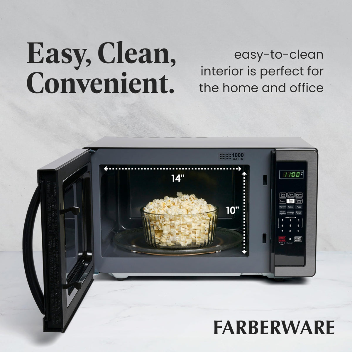 Farberware microwave easy-clean interior and exterior for daily maintenance.