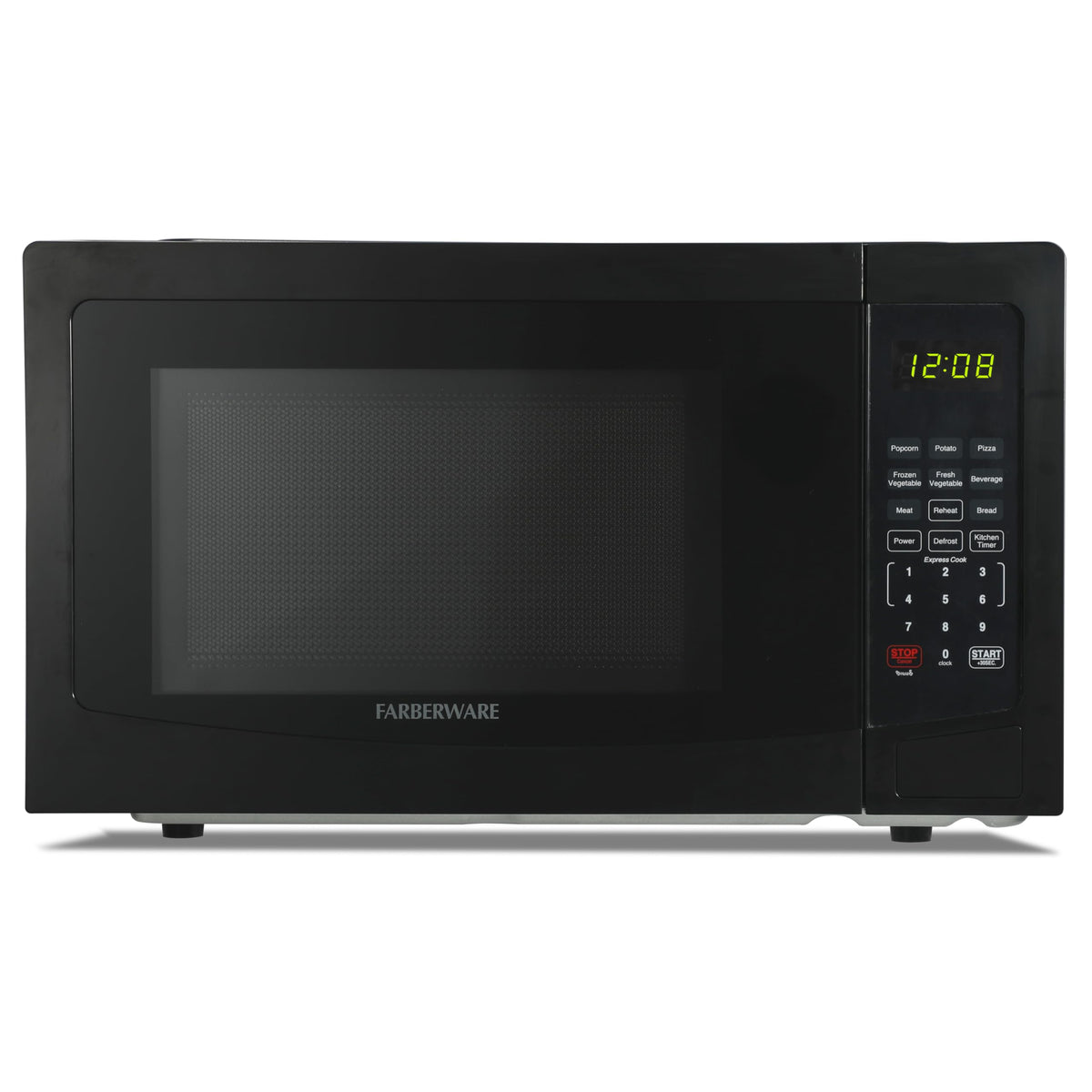 Farberware microwave front view in black, ideal for daily family use.