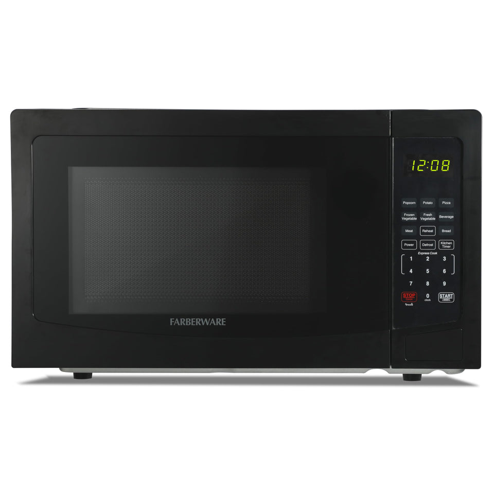 Farberware microwave front view in black, ideal for daily family use.