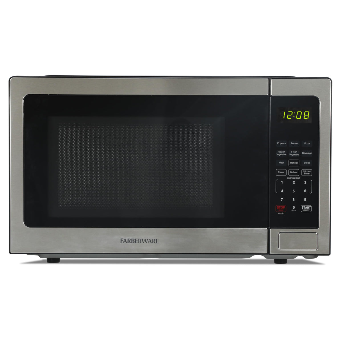 Farberware microwave front view in stainless steel highlighting compact counter design.