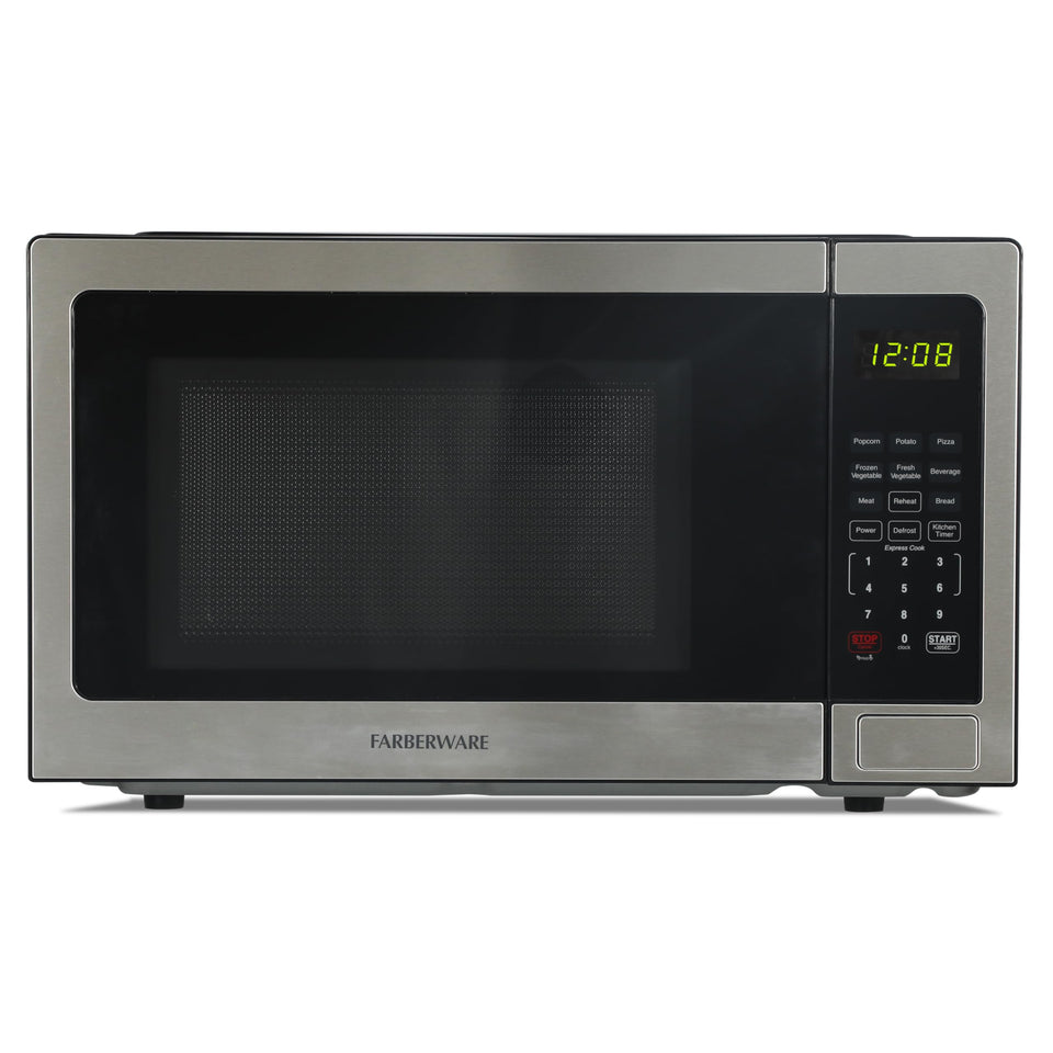 Farberware microwave front view in stainless steel highlighting compact counter design.