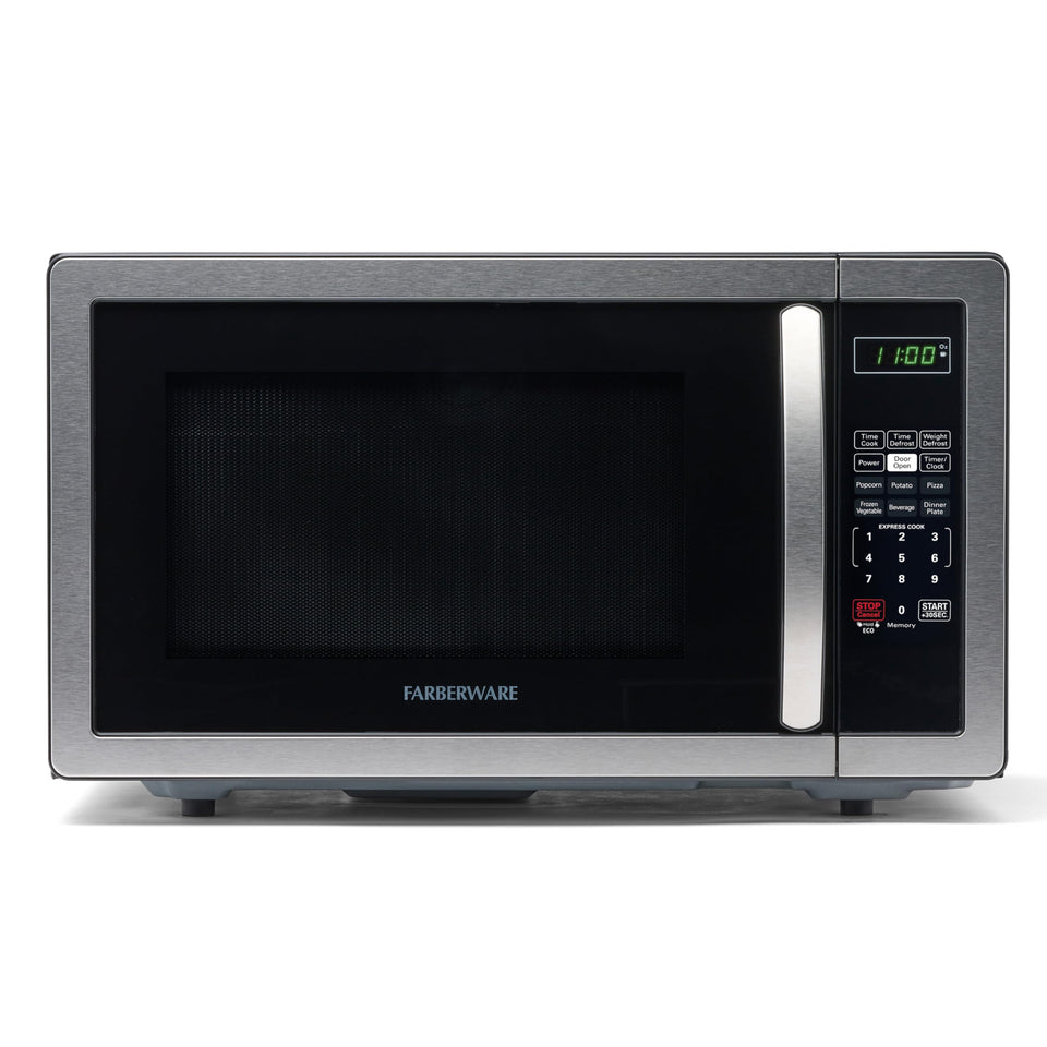 Farberware microwave front view highlighting compact countertop design for home or office use.